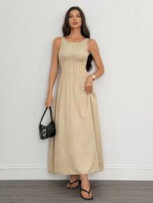 SHEIN Tall New Summer Waist Long Dress For Women, Minimalist And Versatile, Waist Pleated Slim Sleeveless A-Line Long Dress For Women, Imitation Linen Flowing Long Dress For Women,Business Casual Woman Business Women Attire