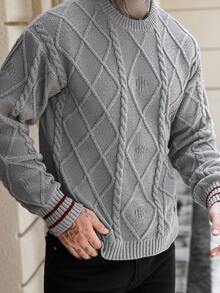 Manfinity Homme Jersey casual de cuello redondo de punto de cable geométrico de manga larga para hombre, otoño - Gris - Ver 3