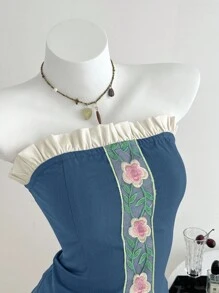 Elamini 女士荷叶边花卉刺绣吊带背心 - 藍色 - 查看 6