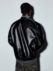 MODCRASH Men's Pu Leather Embroidered Biker Rave Jacket, Boxy Clothing, Streetwear Jacket, Autumn Clothes, Fall, Winter, Winter, Winter - Black - View 3