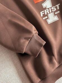 PrepCrw 2pcs/Set Young Boy Letter Print Crew Neck Sweatshirt And Pants Casual Suit, Autumn - Brown - View 5