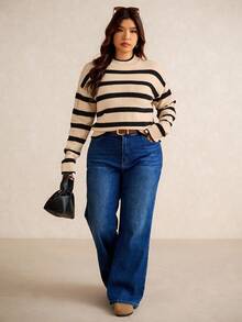 Elaquor Plus Size Striped Print Casual Pullover Sweater In Fall/Winter