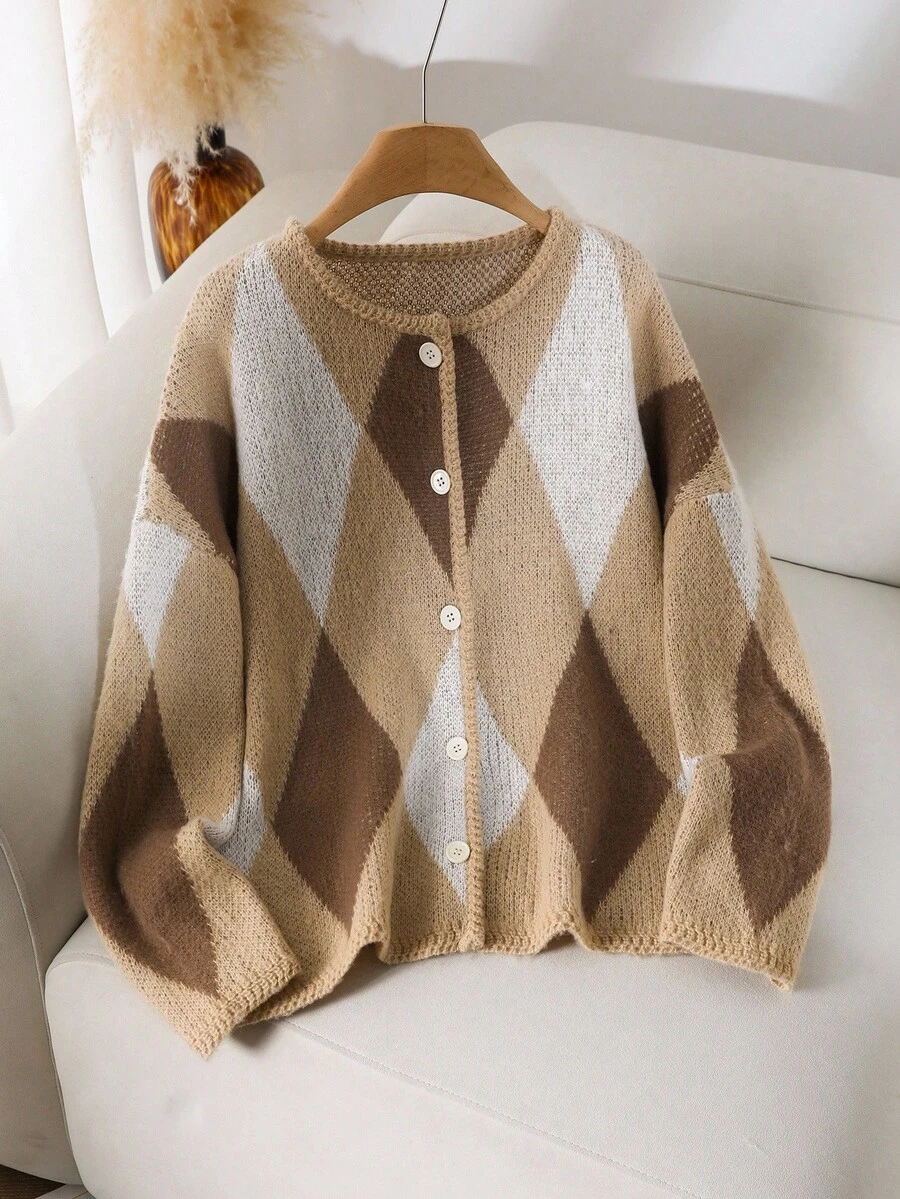 CosyJoli 大码女式菱形图案落肩长袖单排扣针织开衫，秋季女式开衫钻石开衫棕色开衫菱形开衫女式开衫棕色开衫 - 彩色 - 查看 1