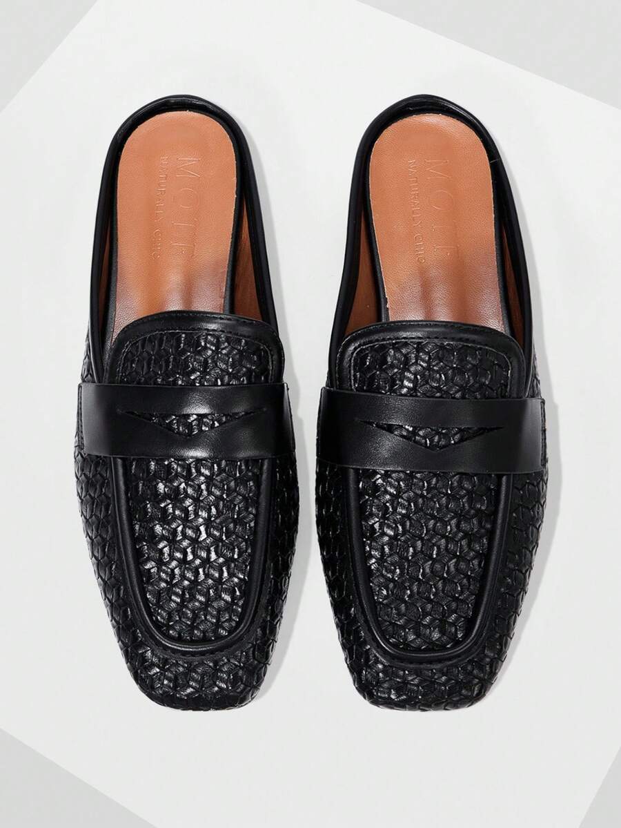 MOTF 时尚编织一脚蹬休闲舒适穆勒平底凉鞋，适合女士 - 黑色 - 查看 2