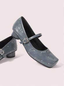 CUCCOO DOLLMOD Damen Quadratische Zehenkappe Nieten Dekor Schwarze Quadratische Zehenkappe High Heel Mary Jane Schuhe, Zylinderabsatz, klassischer Retro Stil