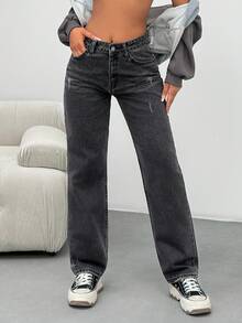 EURMUSE Pantalón vaquero recto de tiro alto y lavado casual - Negro - Ver 3
