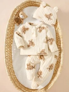 SHEIN Newborn Baby Bear Print Top And Pants Set Fall Winter - Multicolor - View 4