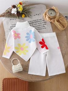 2pcs Baby Girls' Colorful Floral Pattern Asymmetrical Hem Turtleneck Sweater And Knit Wide Leg Pants Set, Cute, Warm, Comfortable And Versatile For Winter Baby Girls Winter Clothes Baby Girls Fall Clothes Baby Girl Fall Outfits Baby Girl Clothes Spring Wildflower Baby Clothes Floral Baby Clothes Baby Flower Outfit Daisy Outfit For Baby - White - View 2