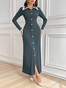 Modelyn Women's Contrast Trim Pearl Button Casual Commuting Long Modest Long Sleeve Dress Long Evening Dresses - Blue - View 5