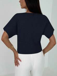 Aloruh New Minimalist Fashion Commuter Deep V-Neck Short Sleeve Thin Double-Button Cinched Waist Fitted Casual Cardigan,Fall - Navy Blue - View 2