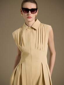 Ontre 2025 秋冬新款优雅浪漫都市时尚百搭办公室通勤商务休闲连衣裙，适合婚礼嘉宾、派对、音乐会、早午餐、机场、日常时尚，卡其色领子，前拉链，腰部褶皱，喇叭形下摆，女装，适合万圣节、圣诞节优雅知性的女性婚礼嘉宾礼服套装和美丽的法式休闲高端知性优雅老钱风格巡航服装度假装四季 - 黃色 - 查看 7