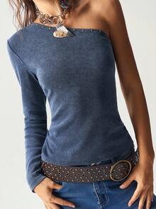 Bohemela 1pc Women's Casual Solid Color Knit Slim Fit Washed T-Shirt - Blue - View 5