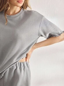 Ocili 女士休闲纯棉柔软宽松生菜花边上衣和短裤睡衣套装