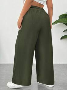 SHEIN EZwear 大码女装夏季军绿色冰丝超薄清凉功能针织罗纹面料亲肤顺滑不粘面料纯色休闲运动基础裤带口袋，前抽绳松紧腰带，高腰修身直筒宽松长裤 - 軍綠色 - 查看 2