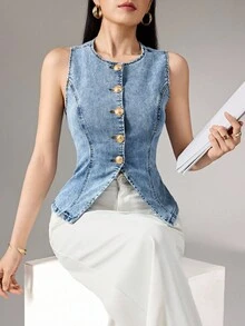 Heiryn Women's Casual Washed Button Front Sleeveless Denim Shirt - Medium Wash - View 1
