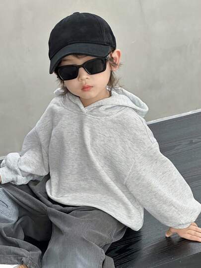 DAZY 男童宽松休闲连帽抓绒卫衣，纯色基础款套头衫，简约秋冬款