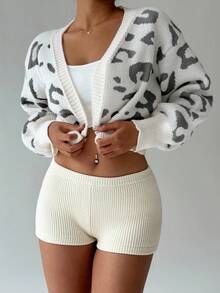 Flirla Fashionable Leopard Print Loose Cropped Cardigan - Multicolor - View 8