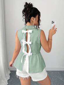 Elenzga Blusa elegante francesa con lazo retro de moda casual para tallas grandes de verano