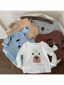 Set de 5 piezas de tops casuales para bebé niño con cuello redondo, de punto, de unicolor y con diseño de animales lindos