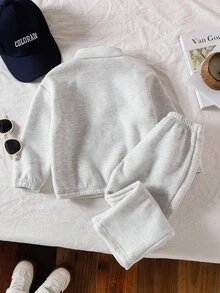 SHEIN Genkimix Kids 2 件年轻女孩针织运动衫，单面羊毛半拉链套头衫，休闲经典百搭浅灰色服装 - 淺灰色 - 查看 3