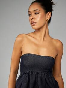 MISSGUIDED Denim Empire Waist Strapless Bandeau Top With Gingham Trim Summer Casual Festival Corset Style Tube Top Contrast Details