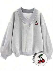 SHEIN EZwear 女士 V 领超大可爱樱桃刺绣图案宽松休闲运动衫，适合街头风格、户外穿着、秋冬季 Y2K