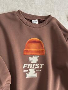 PrepCrw 2pcs/Set Young Boy Letter Print Crew Neck Sweatshirt And Pants Casual Suit, Autumn - Brown - View 4