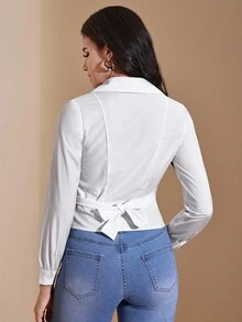 JIAN LASALA 翻领V领系腰蝴蝶结优雅纯白衬衫，女士秋季优雅休闲装，适合外出、派对、冬季婚礼宾客等场合，尽显奢华时尚。 - 白色 - 查看 2