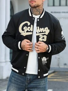 Manfinity Homme 男士休闲字母刺绣夹克，秋冬黑色校队夹克男士街头服饰，垃圾摇滚 - 黑色 - 查看 4