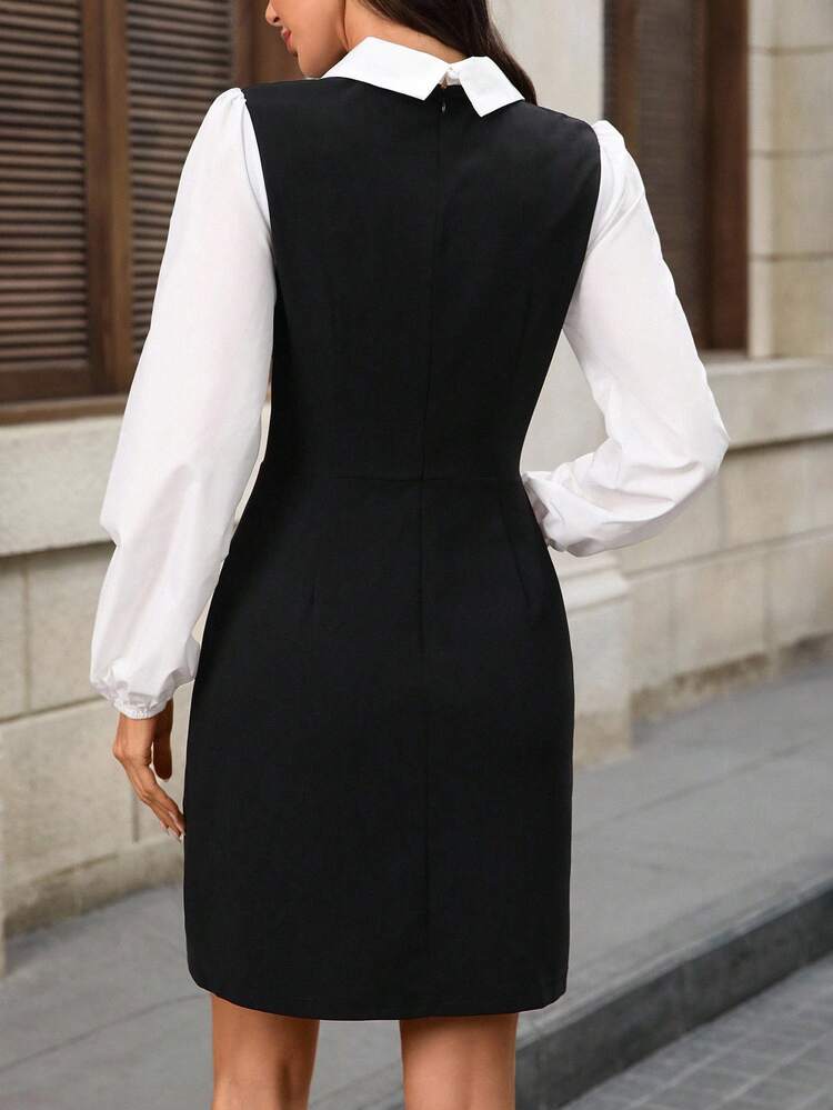 Women's Elegant Commuter Color Block Patchwork Mini Dress Black And White Dress Women Long Sleeve Elegant Dress Black Work Dress Blazer Dress Women Tuxedo Dress Women Elegant Evening Dresses  Black Formal Dress For Women