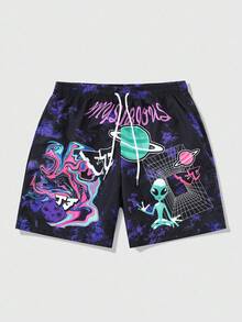 ROMWE MEN Street Life 男士扎染外星人与字母图案抽绳腰短裤，学校 - 彩色 - 查看 3