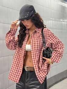 StreetHx 女式前扣落肩长袖格子休闲衬衫，百搭街头服饰 - 紅色 - 查看 5