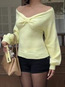 SHEIN EZwear Women's New Off Shoulder Pleated Bust Long Sleeve Sweater Top, Autumn/Winter, Light Yellow Sweater