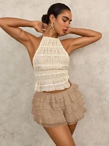 Swim Glamine 女士时尚休闲松紧腰荷叶边下摆连体衣 - 卡其色 - 查看 6