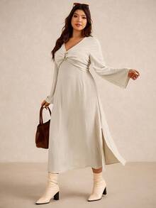 Elaquor Plus Size Elegant Minimalist Modern Urban V-Neck Long Sleeve Metal Button Slit Maxi Dress For Women, All Season - Apricot - View 1