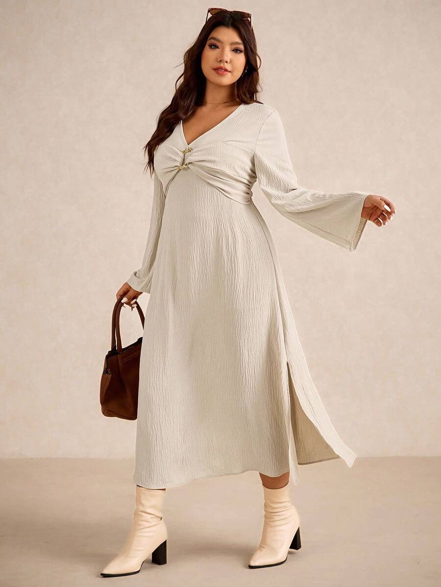 Elaquor Plus Size Elegant Minimalist Modern Urban V-Neck Long Sleeve Metal Button Slit Maxi Dress For Women, All Season - Apricot - View 1