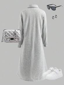 SHEIN 少女休闲日常运动字母图案半拉链卫衣裙，春秋/秋冬 - 灰色 - 查看 2