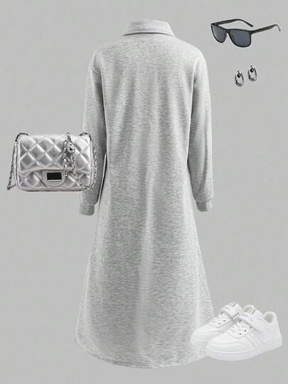 SHEIN 少女休闲日常运动字母图案半拉链卫衣裙，春秋/秋冬