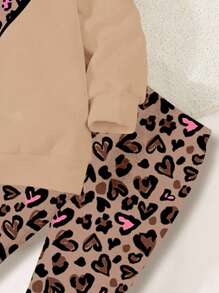 SHEIN 年轻女孩豹纹心形图案休闲圆领长袖运动衫和紧身裤两件套，适合秋冬季 - 彩色 - 查看 5