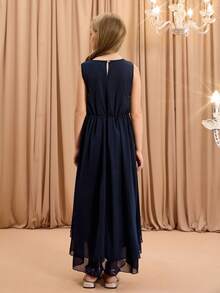 Girls' Sleeveless Lace Chiffon Dress, Big Tween Girl Long Chiffon Sister Dress, Holiday Party Princess Gown - Blue - View 2