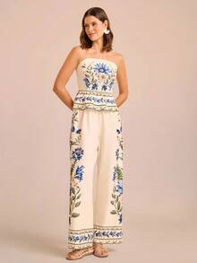 CAJUNI Women's Vacation Apricot Base Blue & Pink Daisy Floral Print, Elastic Waist Straight Leg Pants With Placement Print, Summer Vacation Trousers