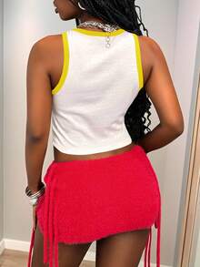 Slaydiva 2025 夏季新款伊比沙岛波西米亚波西米亚女装，音乐节，西部风，游牧风格，派对，泳池，性感度假，邮轮旅行，海滩，日光浴，热门流行，度假，甜美，性感，可爱，休闲，花卉和字母印花，撞色饰边圆领无袖短款女式背心 - A - 黃色 - 查看 6