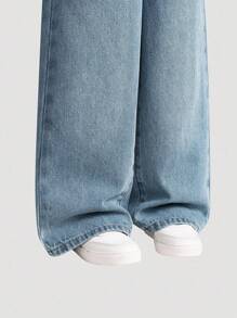SHEIN Explorewe Girls' Back-To-School Washed Blue Wide Leg Jeans,Loose Casual Classic 5-Pocket Snug Fit Straight Leg Denim Pants,Soft Comfortable Fall Winter Trousers - Medium Wash - View 7