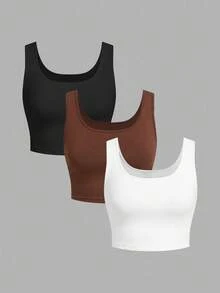 Tseoso 3pcs/Set Casual Slim-Fit Women's Camisole Tops, Black, White & Brown, 95% Cotton, Suitable For Summer, Vintage, Cute Summer Tops, Softgirl, Summer Outings, Home, Back To School, Fall Women Clothes, Versatile 3 Pack Crop Tops Basic Crop Tops Tight Fitting Crop Tops Crop Tank Tops Brown Crop Top