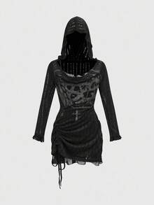 ROMWE Grunge Punk 浪漫朋克字母印花多穿宽松领口长袖连帽抽绳下摆迷你连衣裙套装女 - 黑色 - 查看 1
