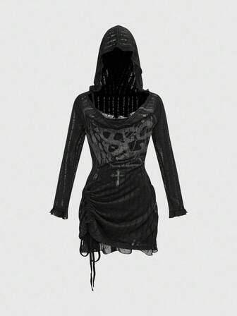 Grunge Punk Ensemble robe mini à capuche à manches longues avec cordon de serrage à la taille, imprimé de lettres romantiques punk, style ample pour femmes