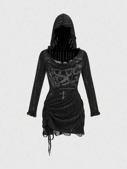 Grunge Punk Ensemble robe mini à capuche à manches longues avec cordon de serrage à la taille, imprimé de lettres romantiques punk, style ample pour femmes