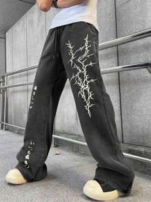 ROMWE MEN Anime Men's Slogan Print Drawstring Waist Pocket Straight Leg Japan Style Sweatpants, Fall - Black - View 3