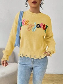 SHEIN Unity 女士圆领长袖彩色字母做旧休闲针织毛衣 - 淡黃色 - 查看 4