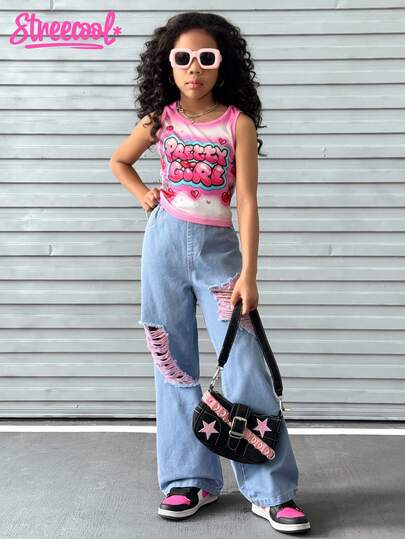 SHEIN Explorewe Bộ 2 món áo ba lỗ in chữ thường ngày mùa hè cho bé gái tuổi teen và quần short denim rách